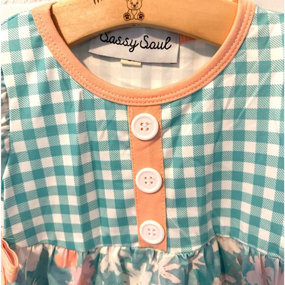 Toddler Girls 18 Months Sassy Saul Green Pink Plaid Floral Spring Summer Dress - Picture 2 of 11